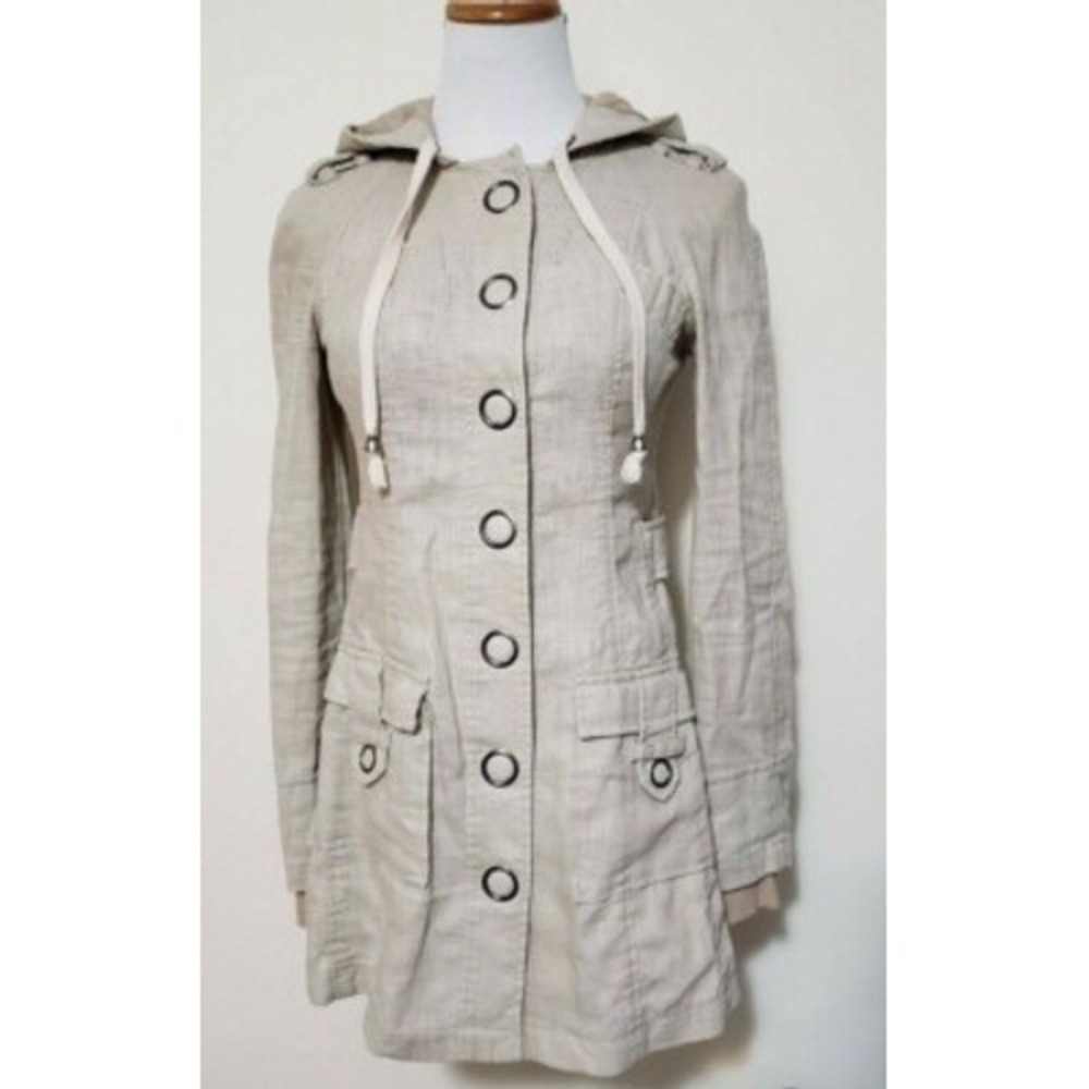 Free People Women's Hooded Military Jacket Ramie Cotton Blend Beige